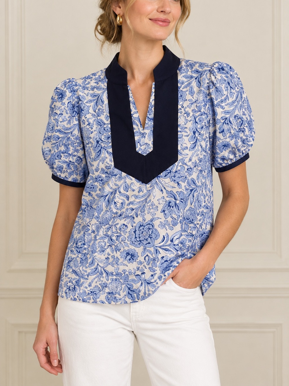 entro Blue & Navy Floral Split-Neck Blouse